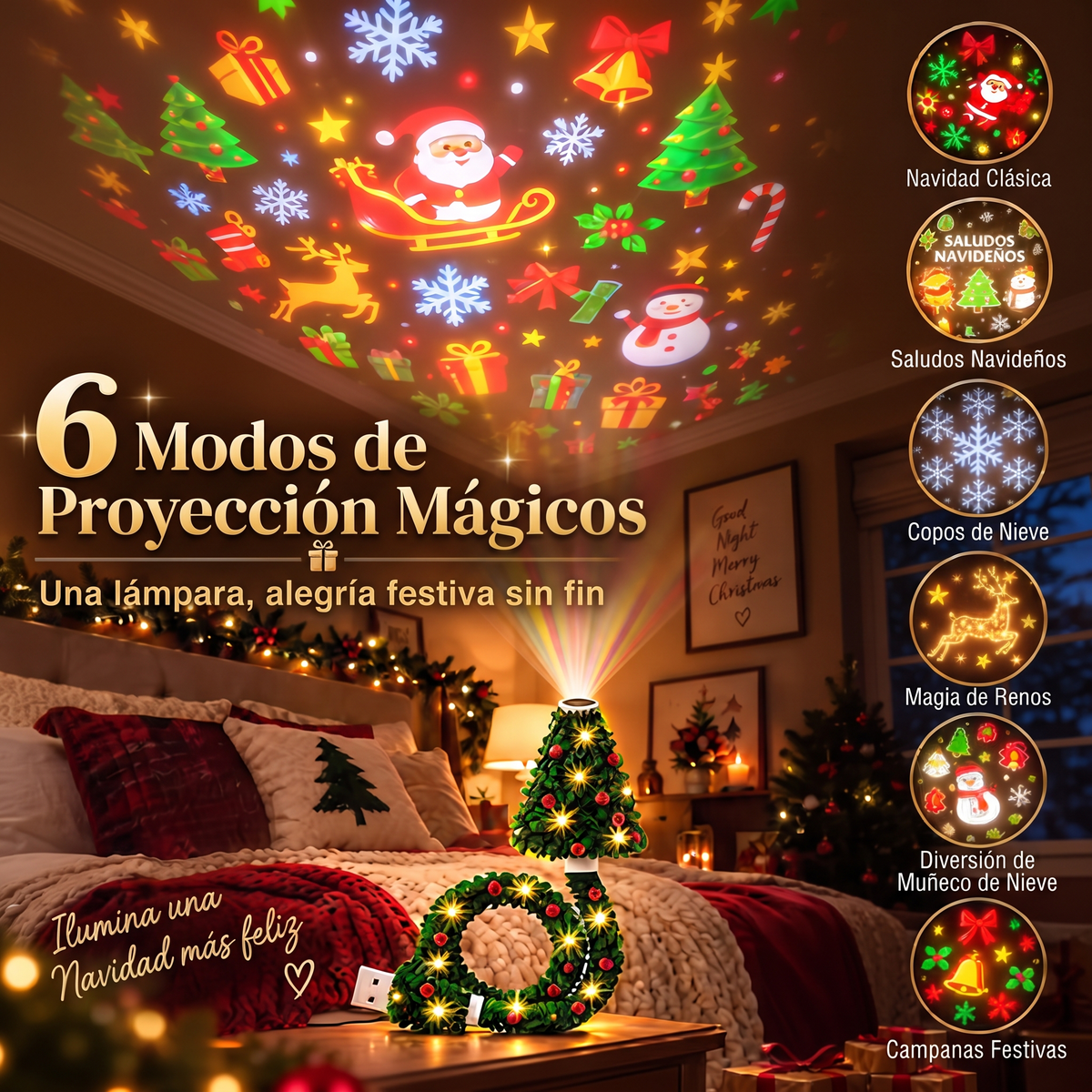 Árbol proyector navideño con 6 escenas mágicas